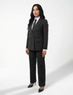 Wide legs Women Suit Trousers with Elastic Comfort Waist Bands - Black Pinstriped