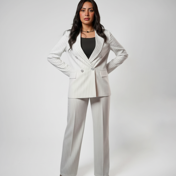 Double breasted women's blazer -  White Pinstriped