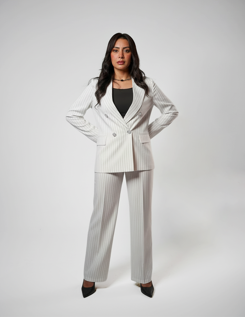 Double breasted women's blazer - White Pinstriped