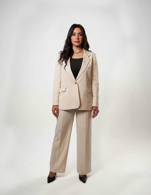 Single Button women's blazer -  Off-White Pinstriped