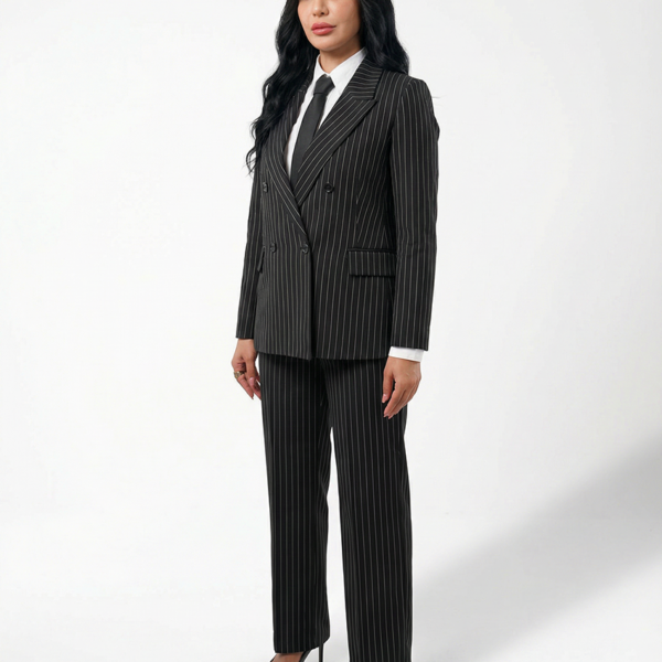 Double breasted women's blazer -  Black Pinstriped