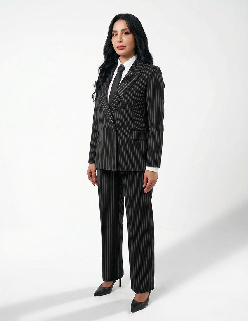 Double breasted women's blazer - Black Pinstriped