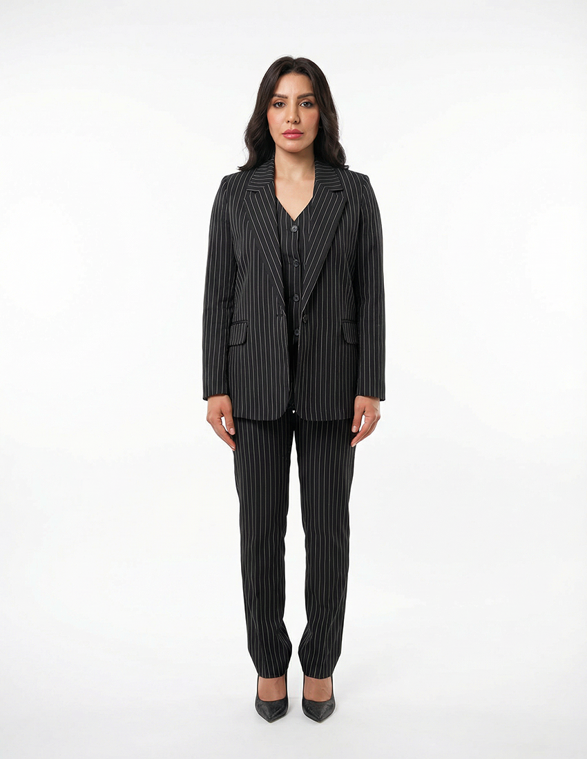 Single Button women's blazer - Black Pinstriped