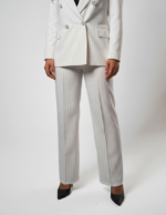 Wide legs Women Suit Trousers with Elastic Comfort Waist Bands - White Pinstriped