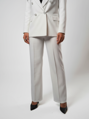 Wide legs Women Suit Trousers with Elastic Comfort Waist Bands -  White Pinstriped