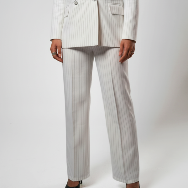 Wide legs Women Suit Trousers with Elastic Comfort Waist Bands -  White Pinstriped