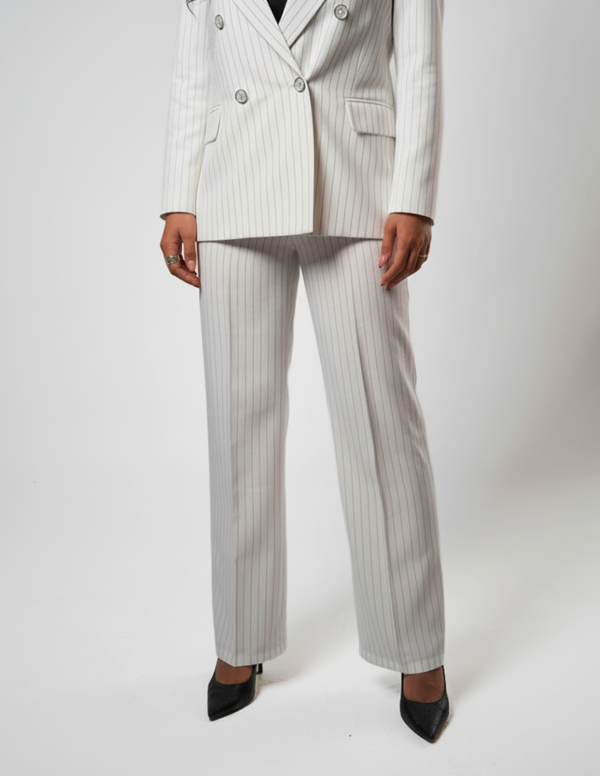 Wide legs Women Suit Trousers with Elastic Comfort Waist Bands - White Pinstriped