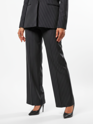 Wide legs Women Suit Trousers with Elastic Comfort Waist Bands - Black Pinstriped