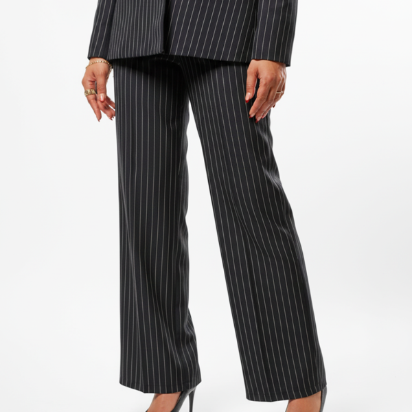 Wide legs Women Suit Trousers with Elastic Comfort Waist Bands  -  Black Pinstriped