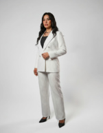 Wide legs Women Suit Trousers with Elastic Comfort Waist Bands - White Pinstriped