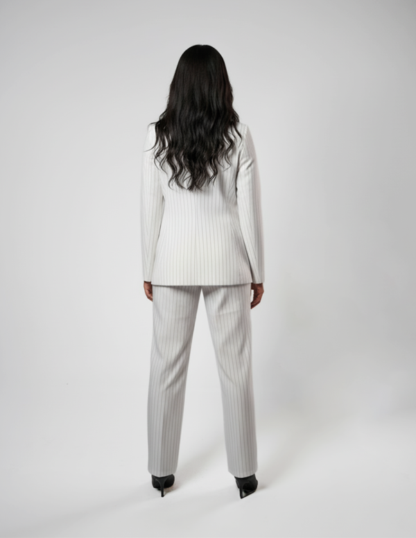 Wide legs Women Suit Trousers with Elastic Comfort Waist Bands - White Pinstriped