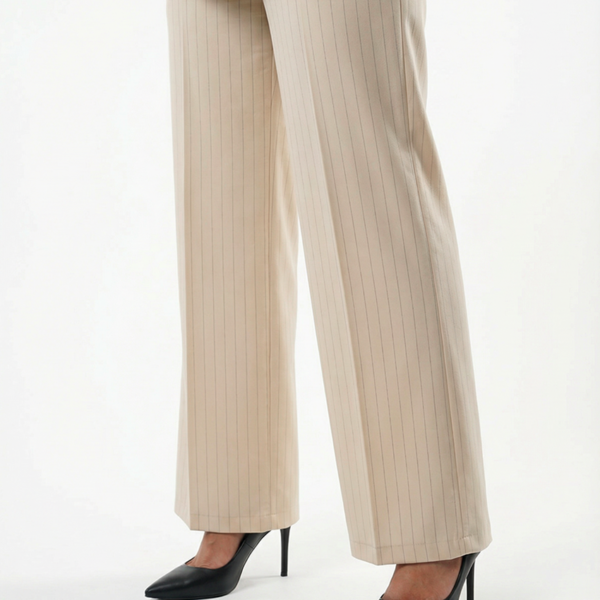 Wide legs Women Suit Trousers with Elastic Comfort Waist Bands -  Off-White Pinstriped