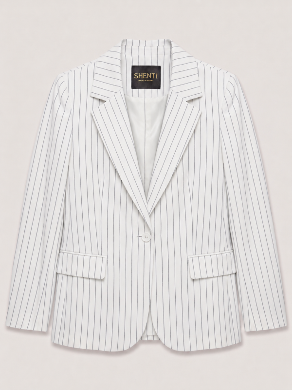 Single button women's blazer - White Pinstriped