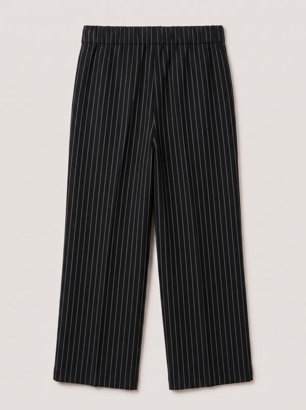 Wide legs Women Suit Trousers with Elastic Comfort Waist Bands - Black Pinstriped