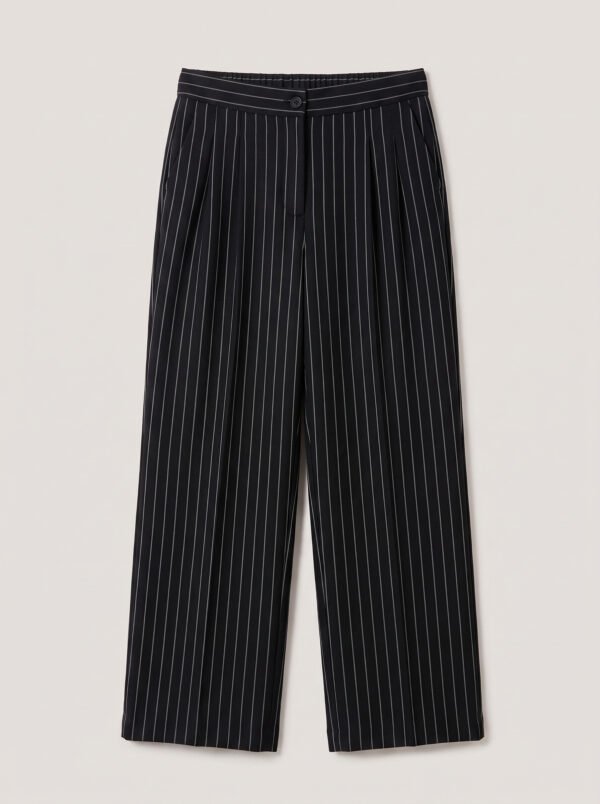 Wide legs Women Suit Trousers with Elastic Comfort Waist Bands - Black Pinstriped