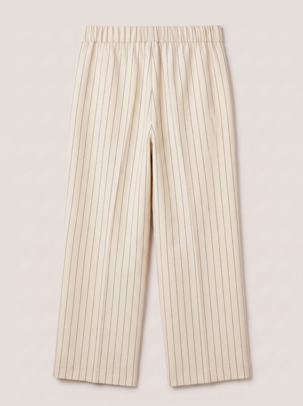 Wide legs Women Suit Trousers with Elastic Comfort Waist Bands - Off-White Pinstriped
