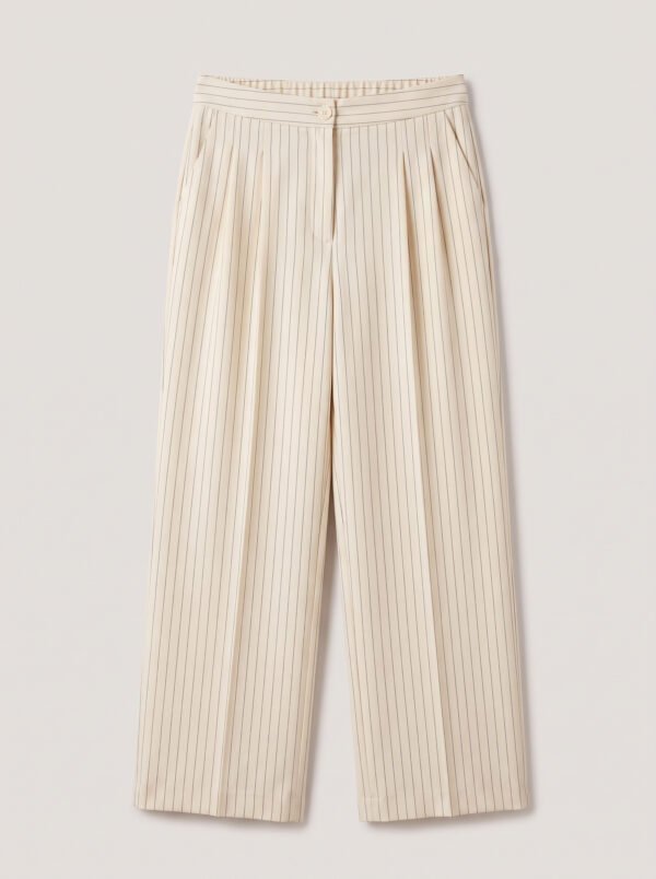 Wide legs Women Suit Trousers with Elastic Comfort Waist Bands - Off-White Pinstriped