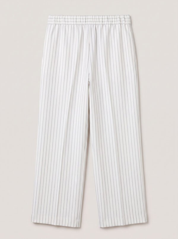 Wide legs Women Suit Trousers with Elastic Comfort Waist Bands - White Pinstriped