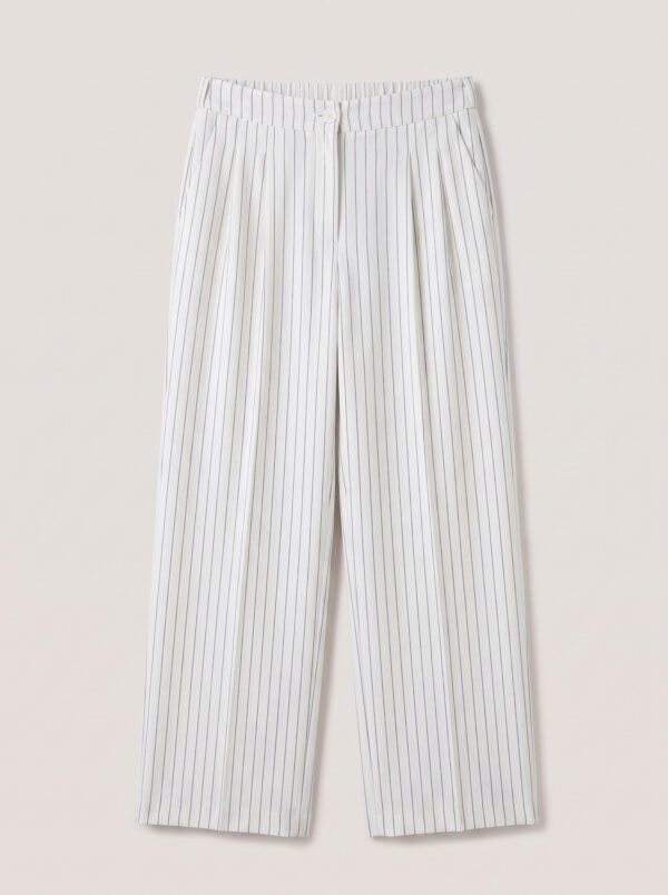 Wide legs Women Suit Trousers with Elastic Comfort Waist Bands - White Pinstriped